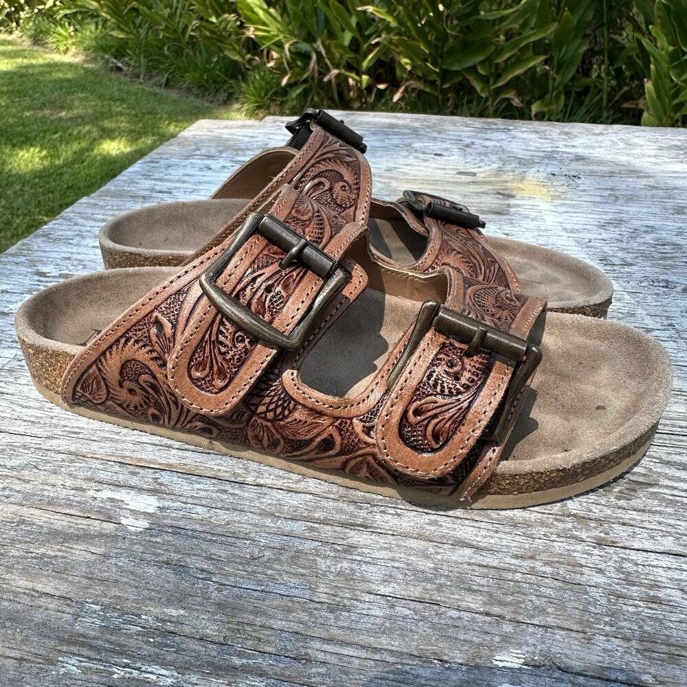 Myra Brown Hand Tooled Leather Sandals Women’s 6 Made In India